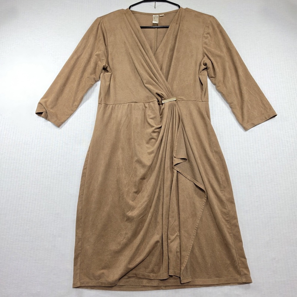 Emma & Michele Brown Faux Suede Surplice Wrap Dress M Gold Accent Casual Chic